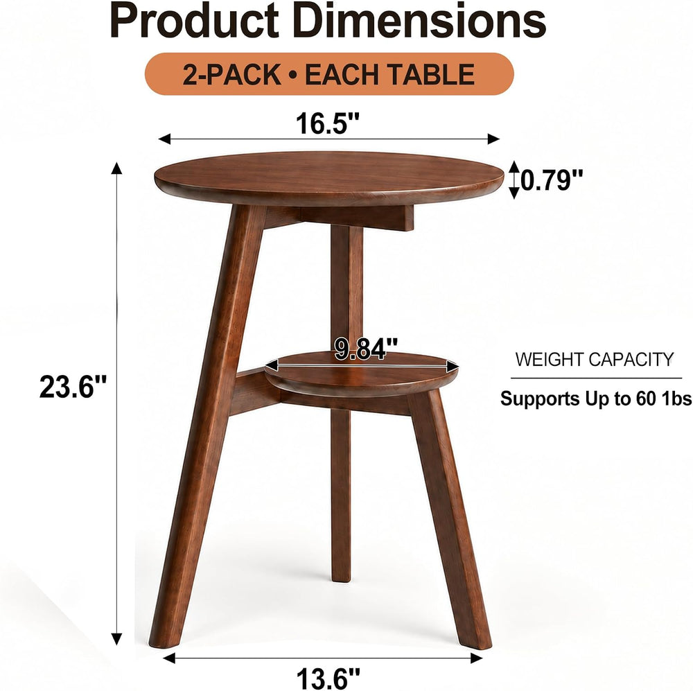 Small Round Side Table Set of 2, 16.5" 2-Tier Solid Wood End Tables, Walnut