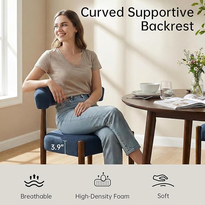 VKNOW Wooden Dining Chairs Set of 4, Modern Upholstered Dining Room Chairs with Walnut Wood Legs and Curved Backrest, Fabric Kitchen Chairs for Farmhouse/Dining Room, Blue