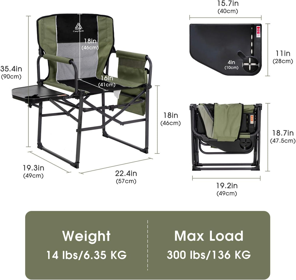 Folding Director Chair with Table, Camping Chair for Adults, Green-1Pack