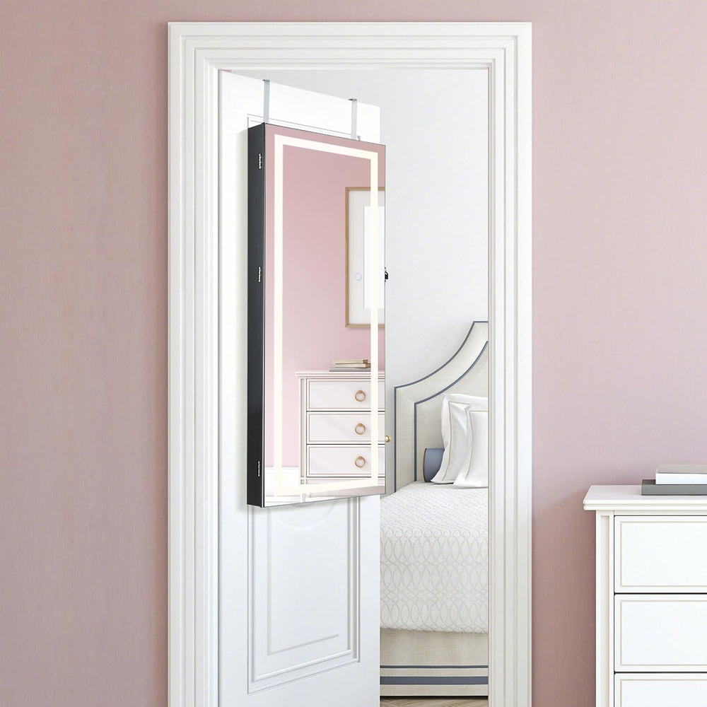 CHARMAID LED Mirror Jewelry Cabinet, Wall or Door Mounted, Black