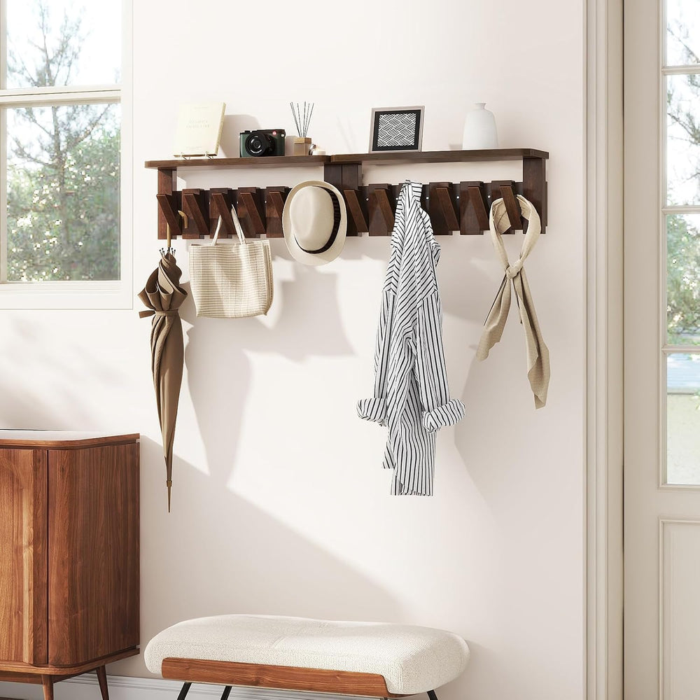 Piano Key Coat Rack Wall Mount with Shelf and 12 Hooks, Walnut HWS008H-2