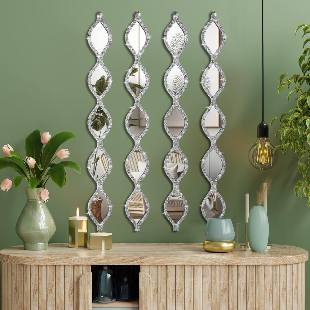 BBTO 4 Pcs Teardrop Mirror Wall Decor Silver Long Mirror Home Decorative