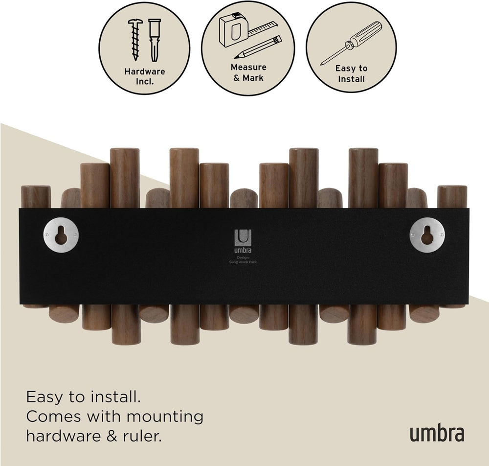 Umbra Picket Coat Rack, Wall Mount 5 Flip-Down Coat Hooks, Walnut