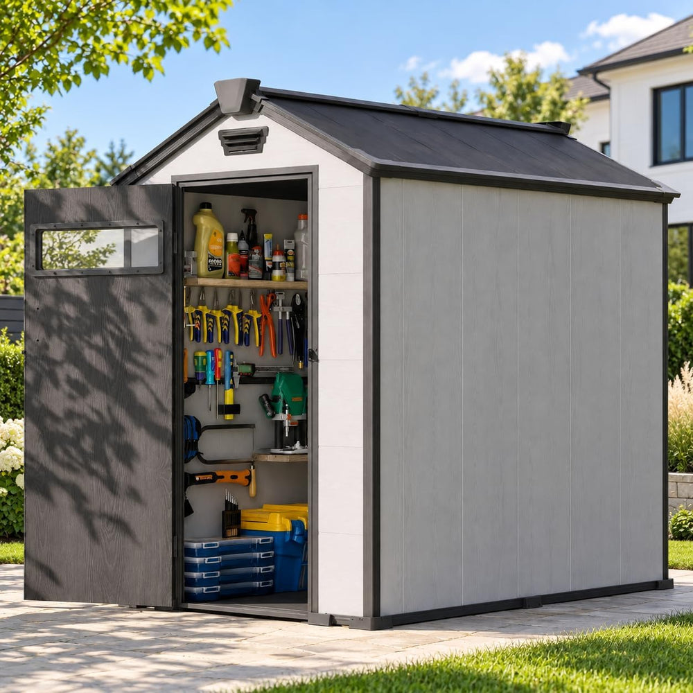 4x6 FT Resin Storage Shed with Floor, Window & Lockable Door