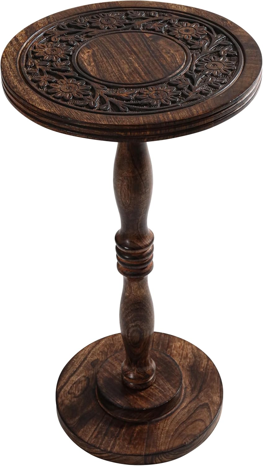 Mango Wooden Accent Table 12x22 Round Handcrafted Carved Side Table