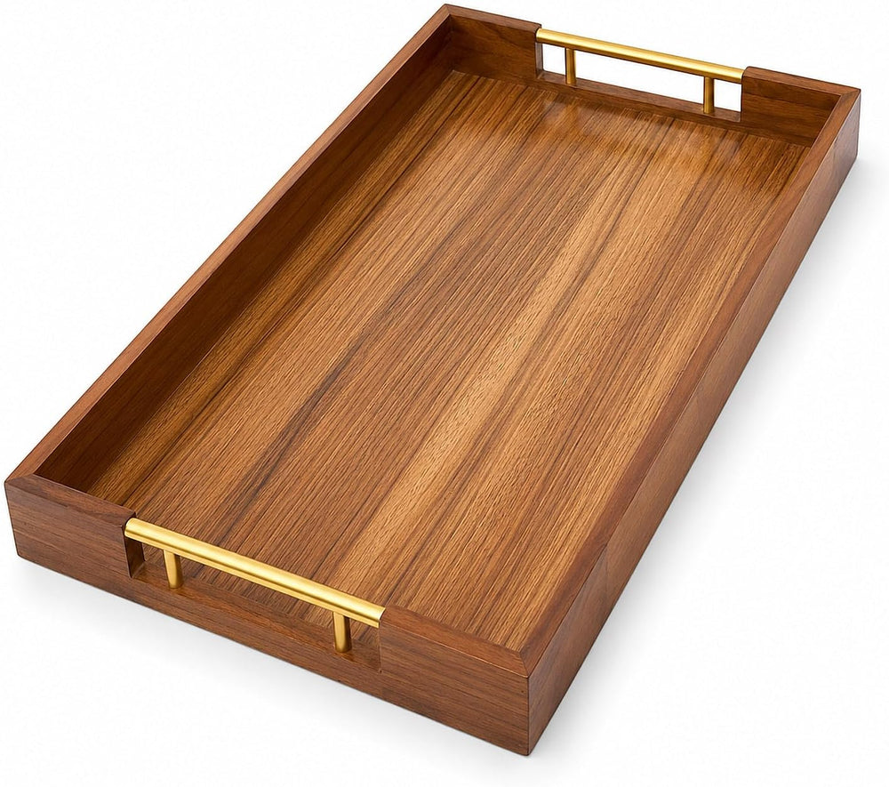 Acacia Wood Serving Tray with Gold Handles – Coffee Table & Ottoman Tray