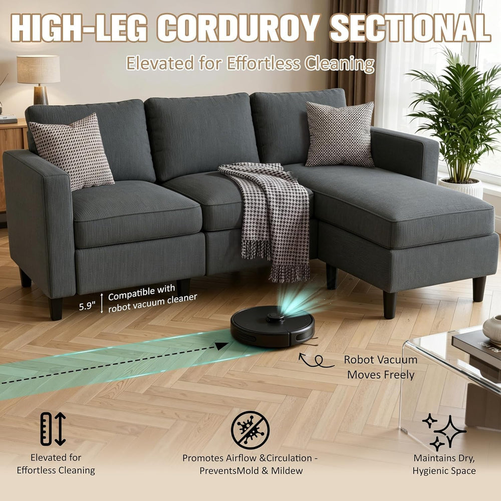 JAMFLY 3-Seat Reversible Sectional Sofa with Ottoman, Small Couch, Grey