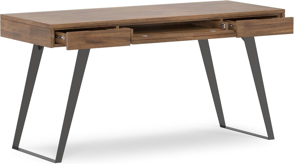 SIMPLIHOME Lowry 54" Wide Solid Acacia Wood Writing Desk in Natural Brown