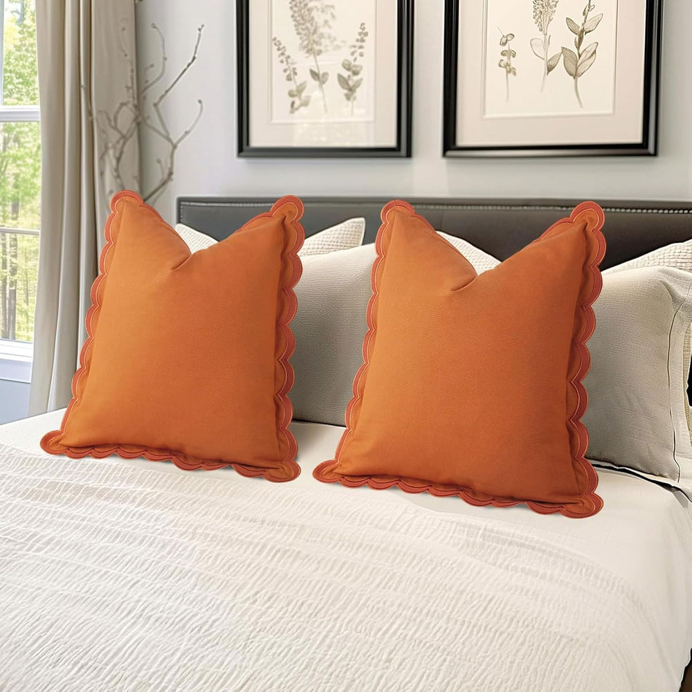 Scalloped Throw Pillow Covers Set of 2, 18x18 Inch Double Stitch Decorative C...