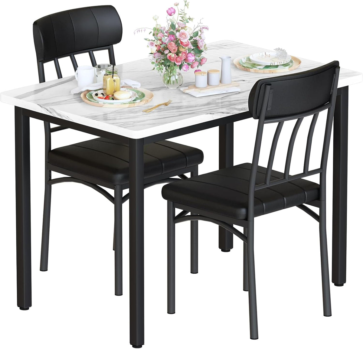 AWQM 3 Piece Dining Table Set for 2, Small Industrial Kitchen Table and 2 Chairs, Breakfast Dining Table Set, Kitchen Table Set for Dining Room, Living Room, Apartment, Small Space, White Black