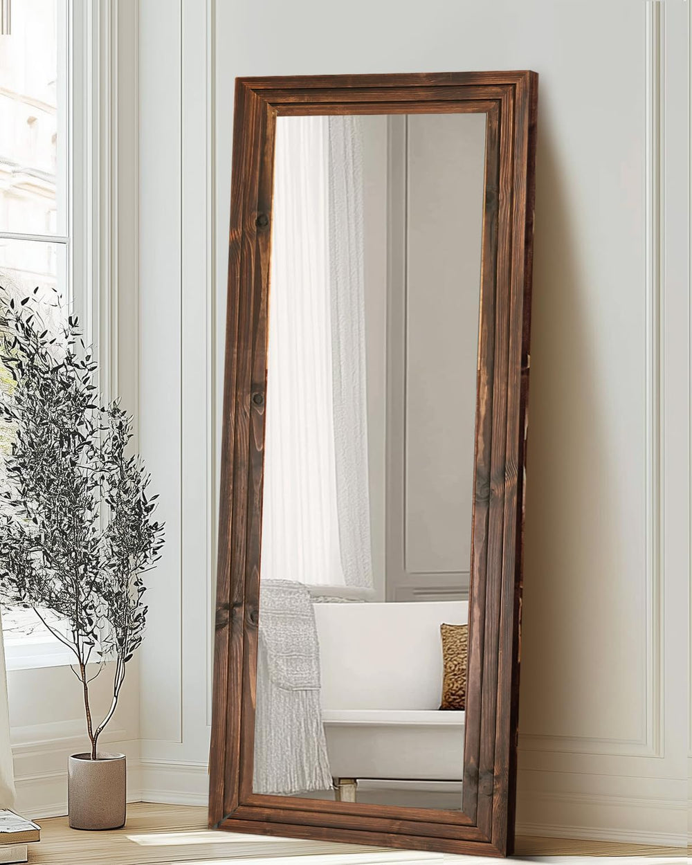 65x24in Full Length Mirror, 3-Tier Stepped Solid Wood Frame, Brown