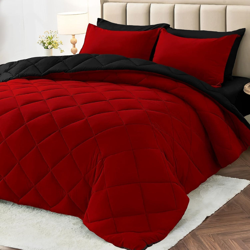 MUXHOMO King Comforter Set 7 Pieces, Reversible Bed in a Bag, Red/Black
