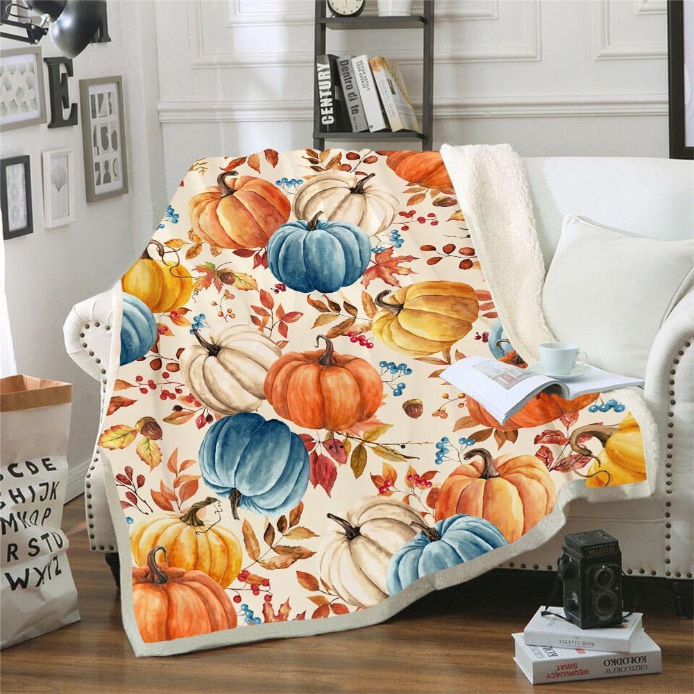 Fall Pumpkins Throw Blanket, Autumn Orange White Blue Pumpkins Leaves and Ber...