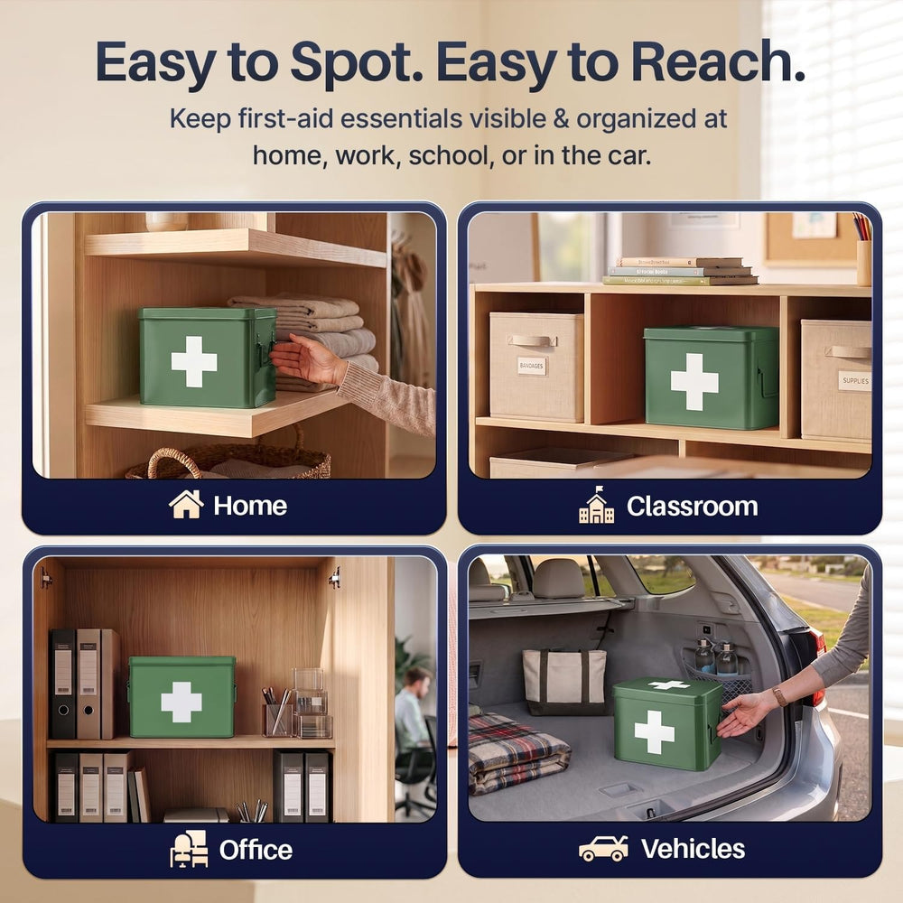Flexzion Large Metal First Aid Box Empty, 8.5-Inch, Green with White Cross