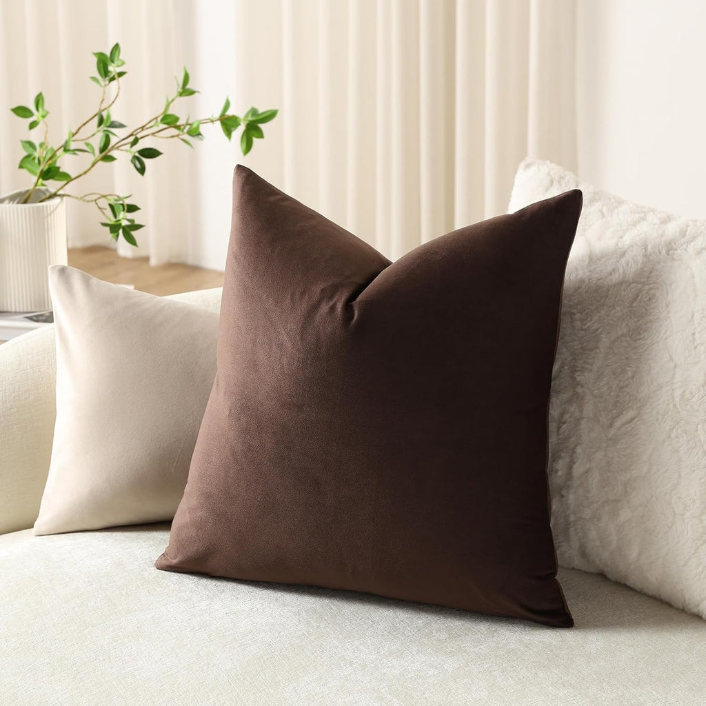 DEZENE Euro Sham Covers 26x26 Chocolate Brown: Pack of 2 Cozy Soft Velvet Square Modern Luxury Decorative Throw Pillow Cases for Sofa Couch Living Room Bed Home Decor