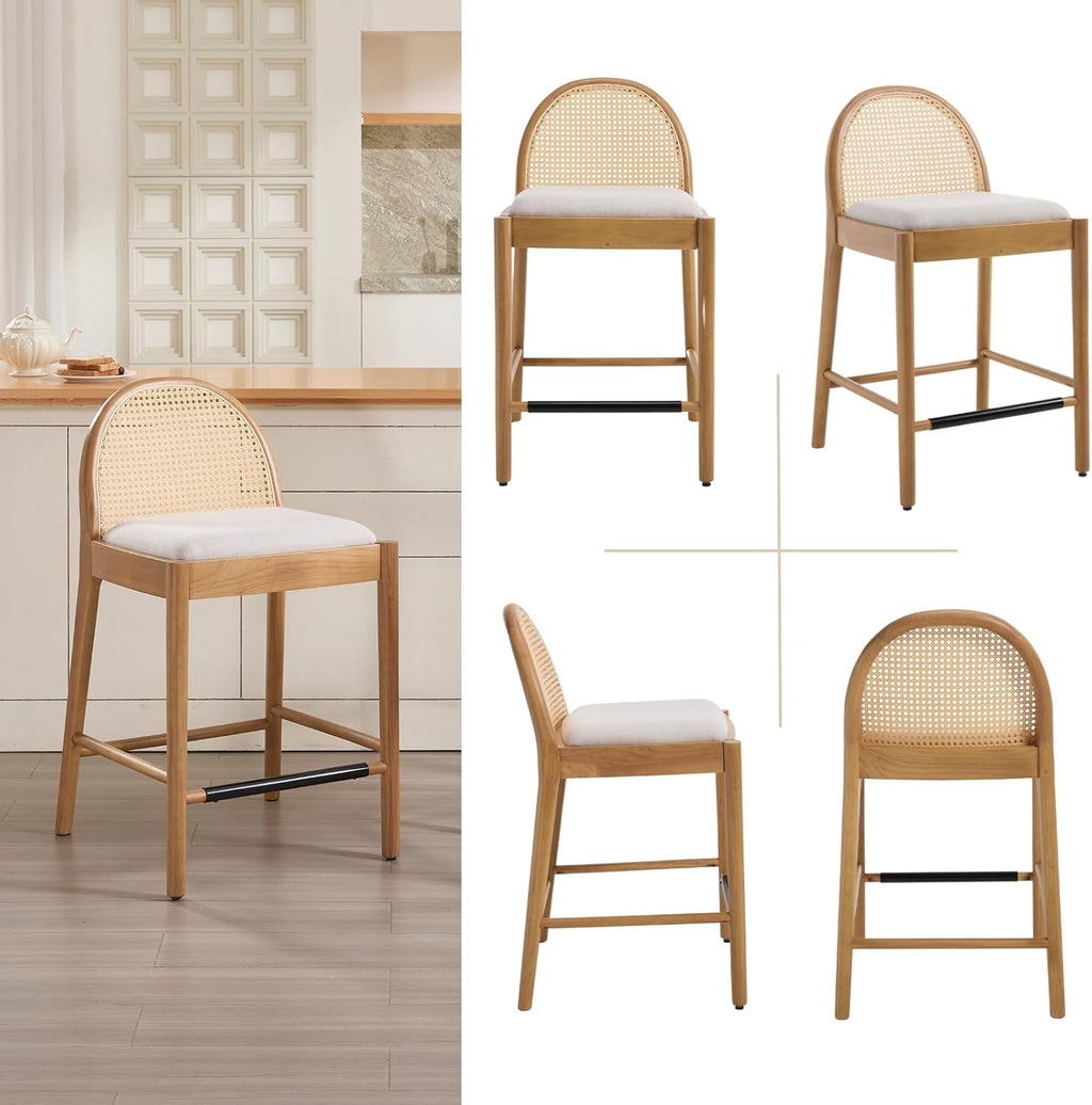 HEAH-YO Rattan Bar Stools Set of 2, 26 Inch Wood Counter Stools with Bakcrest, Linen Kitchen Stool for Island, Beige