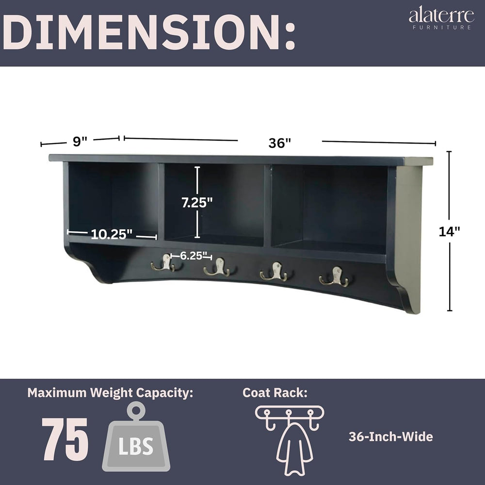 Alaterre Shaker Cottage Wall-Mounted Coat Rack with Cubbies, Charcoal Gray
