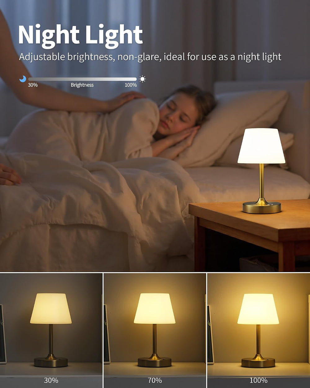 PUSU Cordless LED Gold Small Table Lamp, Waterproof Shower Desk lamp