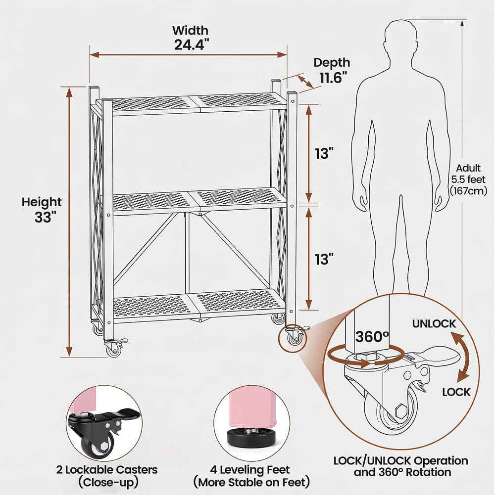 ALANNG 3 Tier Folding Shelf on Wheels, Heavy Duty Rolling Storage Cart