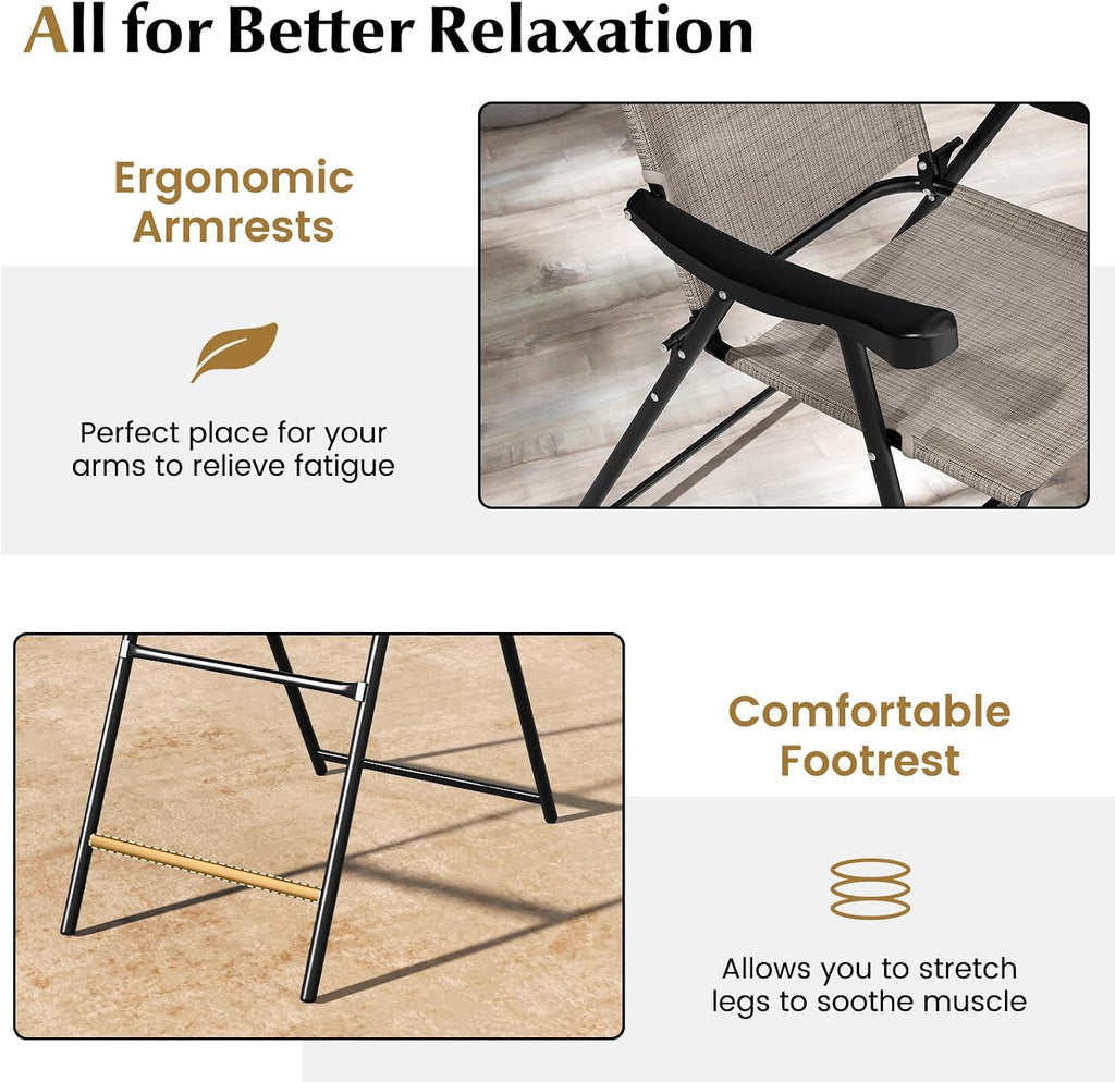 COSTWAY 2 Pieces Patio Folding Bar Chairs with Metal Frame, Footrest, Arms