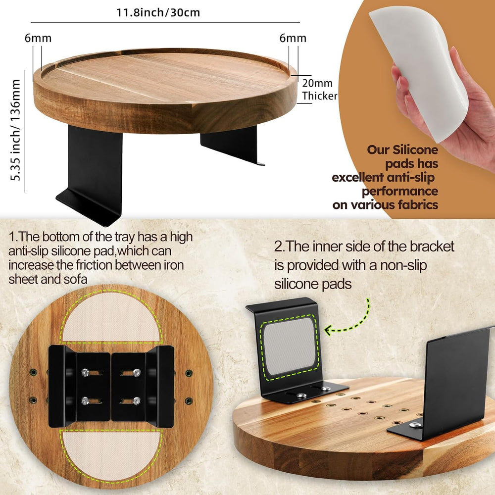 Acacia Wood Couch Arm Tray Table,Anti-Slip Adjustable Round Sofa Arm Tray,Woo...