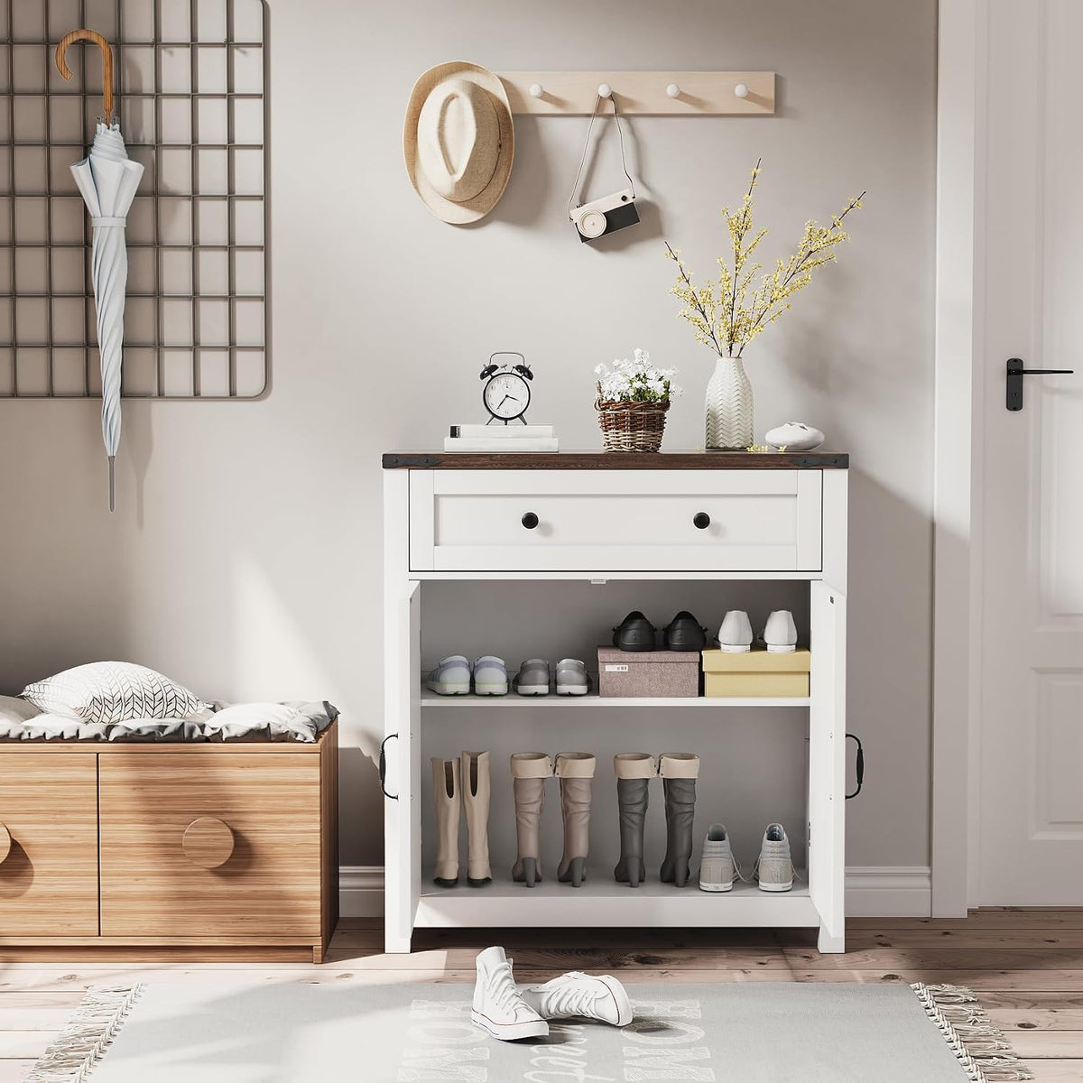 Semiocthome Farmhouse Sideboard Buffet Cabinet with Storage and Adjustable Shelf, Accent Table with Barn Door, Storage Cabinet for Kitchen, Dining Room, Bathroom, Entryway - White