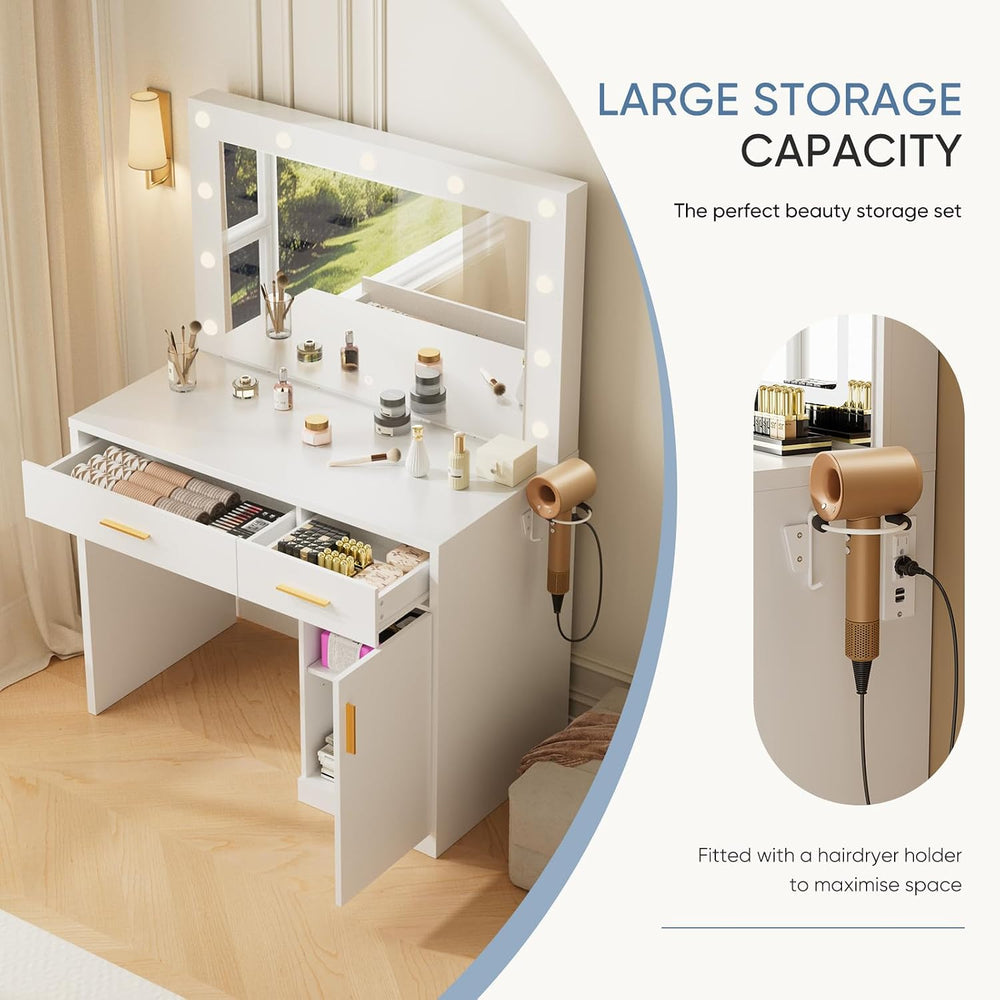 DUMOS Makeup Vanity Desk with Mirror and Lights, Charging Station