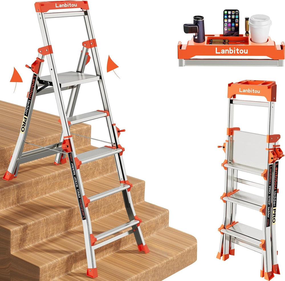 LANBITOU 5 Steps Aluminum Portable Folding Ladder for Stairs Home 330lbs