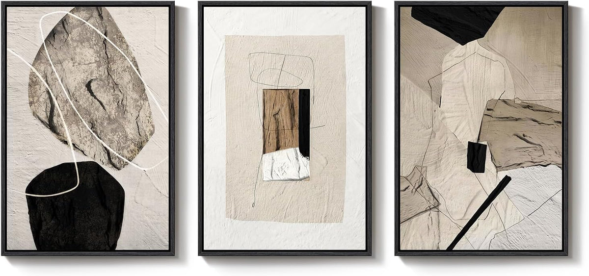 Large Framed Neutral Abstract Wall Art for Living Room,Set of 3, 24x36 In
