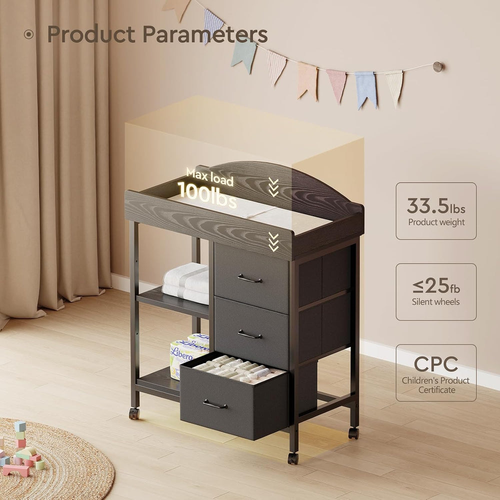 Yetom Changing Table, 3 Drawers&2 Shelves, Changing Table Dresser, Black