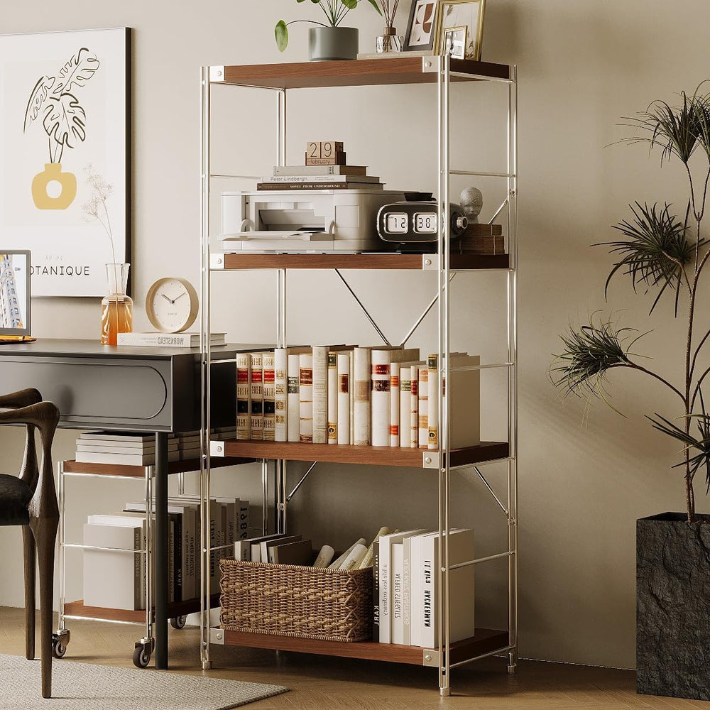 4-Tier Industrial Bookshelf, Wood and Metal Shelf Unit, Storage Bookcase