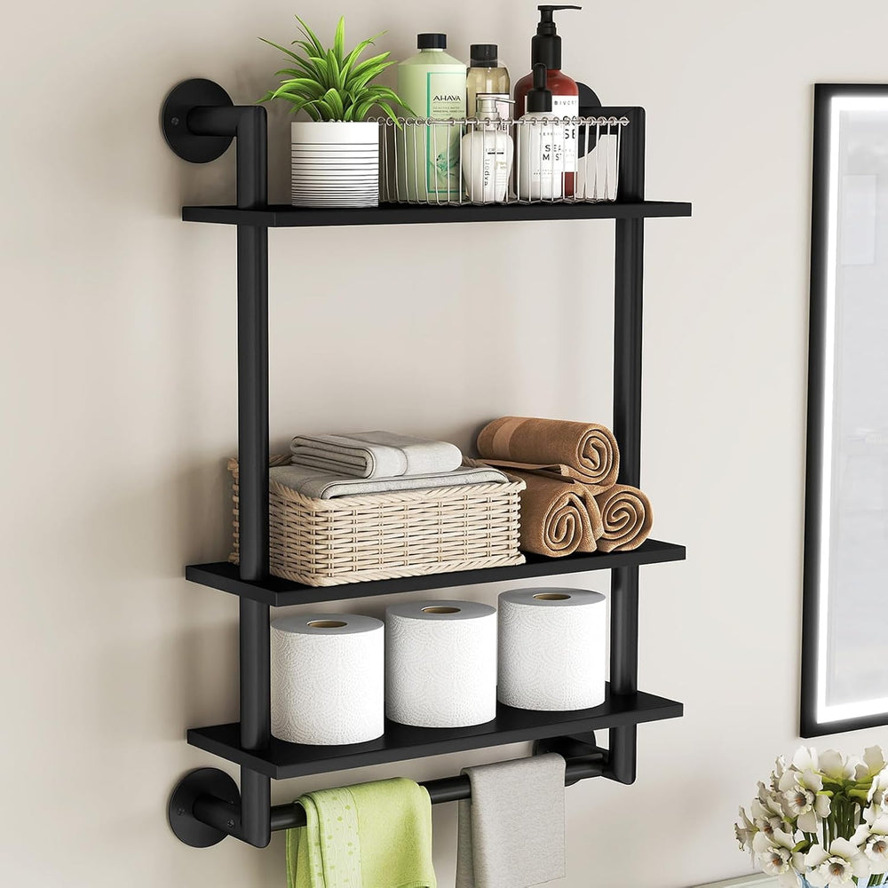 STWWO Bathroom Shelves Wall Mounted, 3 Tier Black Bathroom Shelf with Bar