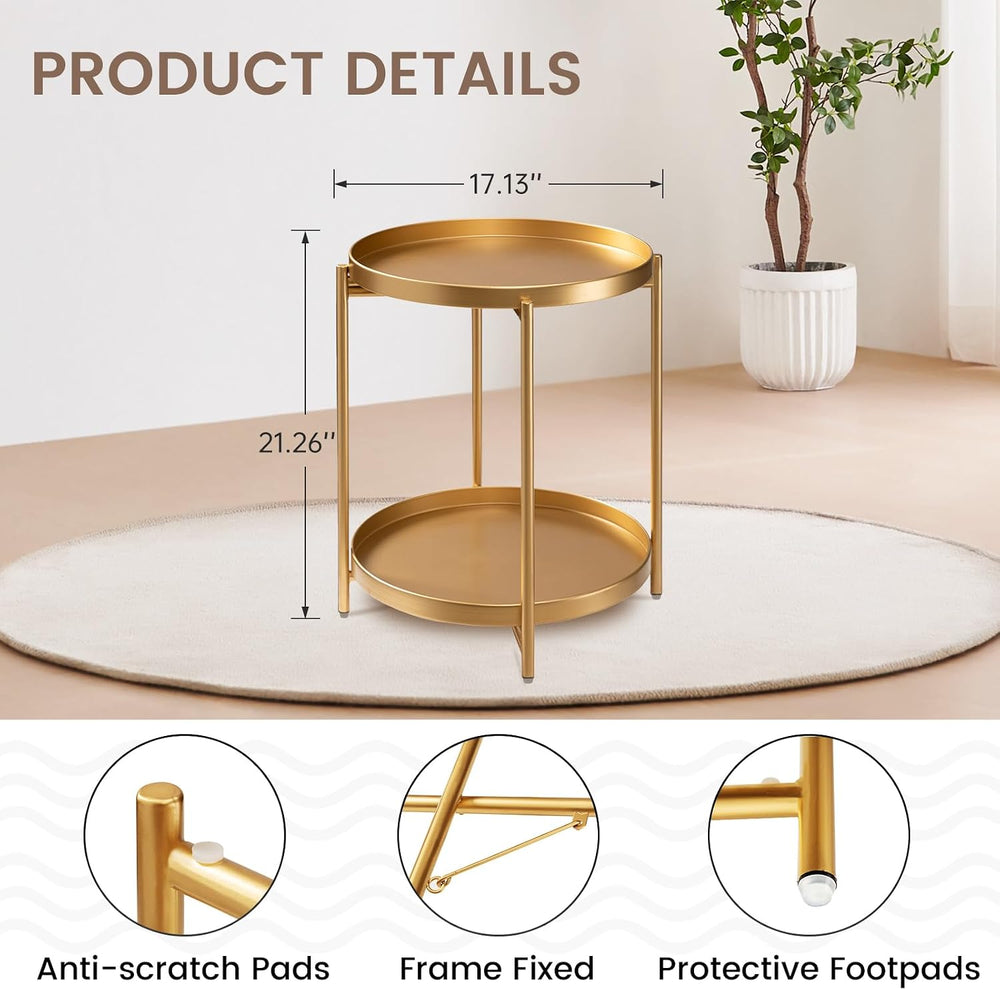 danpinera 2 Tier End Table, Metal Round Side Table with Removable Tray