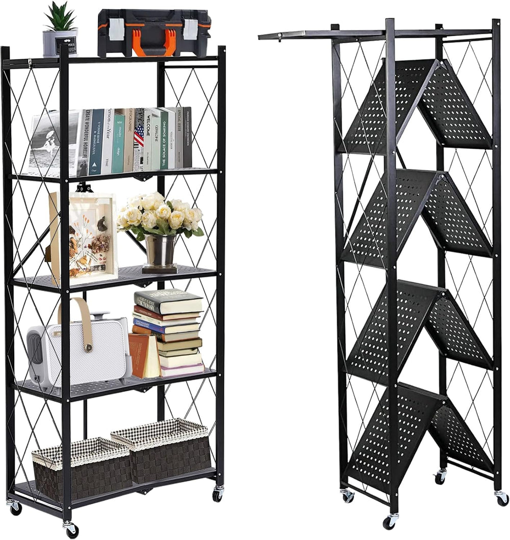 Storage Shelves with Wheels, 5 Tier Metal Collapsible Shelving Unit, Heavy Du...