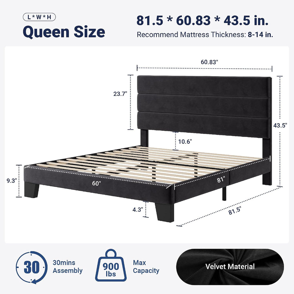 Allewie Queen Size Platform Bed Frame with Velvet Upholstered Headboard