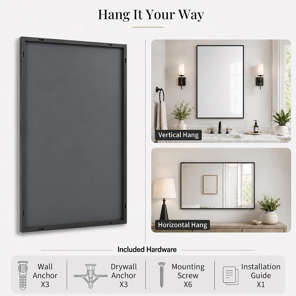 24x36 Inch Matte Black Rectangular Bathroom Vanity Mirror