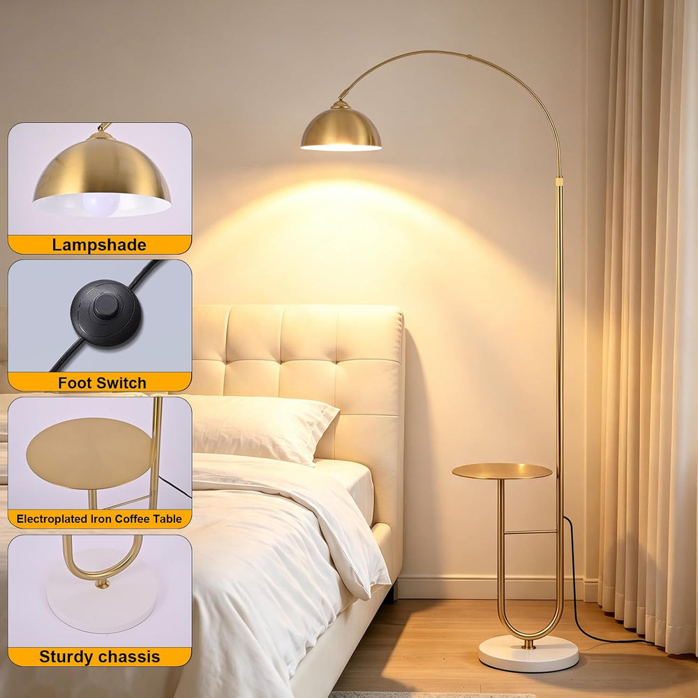 Gold Arc Floor Lamp with Table, Stepless Dimming & Remote,E26 Bulb Included