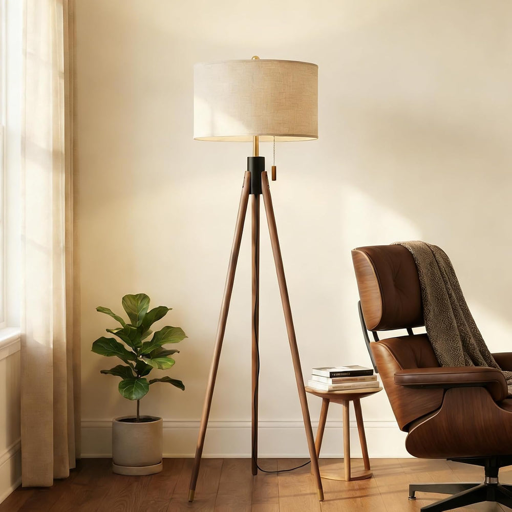 MOFFE Mid Century Tripod Floor Lamp with Pull Chain,Black & Gold Finish