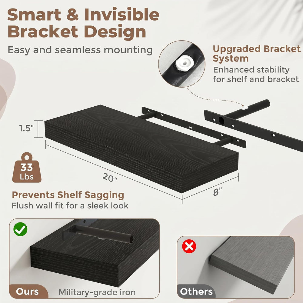 20 Inch Floating Shelves for Wall, 8"D Wood Storage Shelves, Black Finish