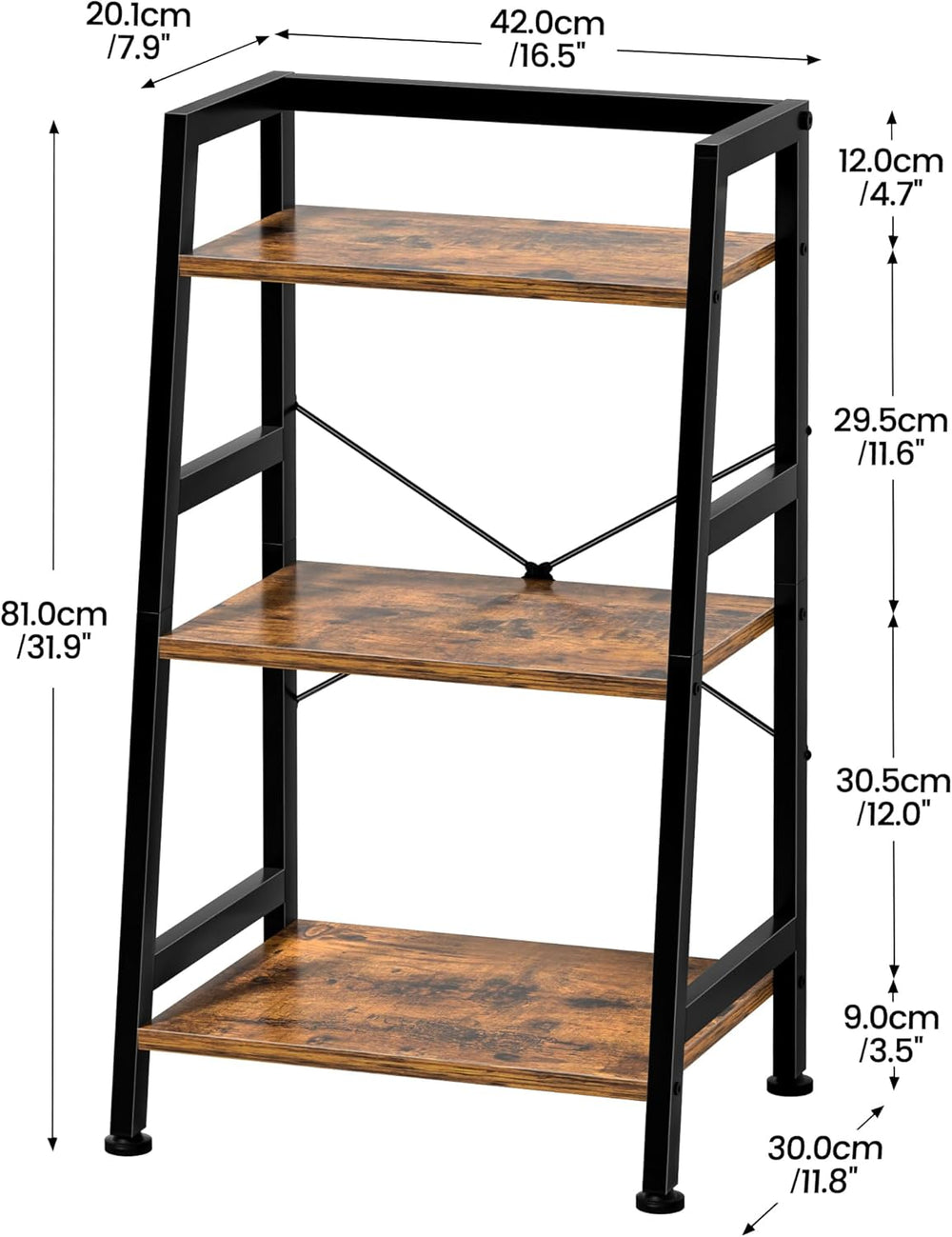 3-Tier Bookshelf, Ladder Shelf, Industrial Bookcase with Steel Frame, Metal S...