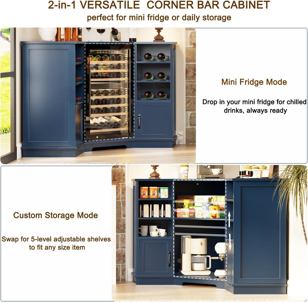 HSH 40" Corner Bar Cabinet with Fridge Space, L Shape Wine Cabinet, Blue