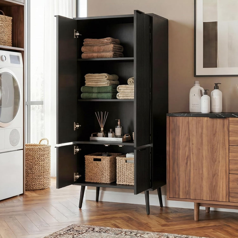 Ebony Fluted 51" Tall Wooden Kitchen Pantry Storage Cabinet Food Organiz...