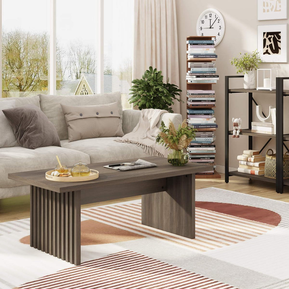 BON AUGURE 43 Inch Coffee Table, Fluted Wood Rectangle Living Room Tables