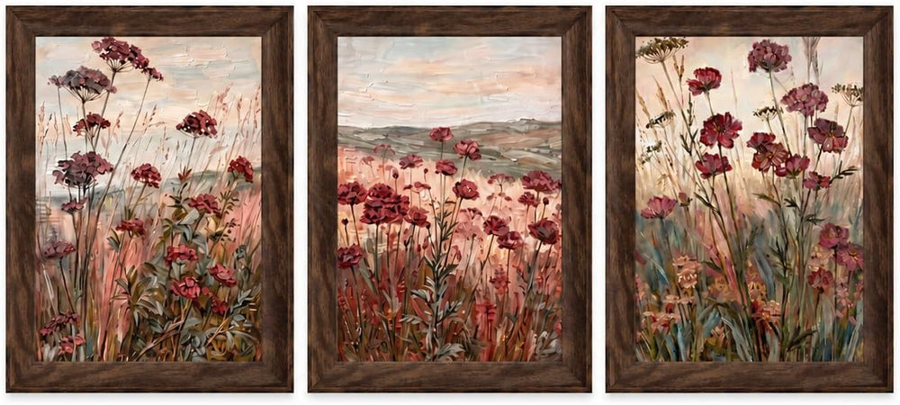 Floral Textured Canvas Wall Art Set 3Pcs Framed Rustic Botanical 16X12 Inch