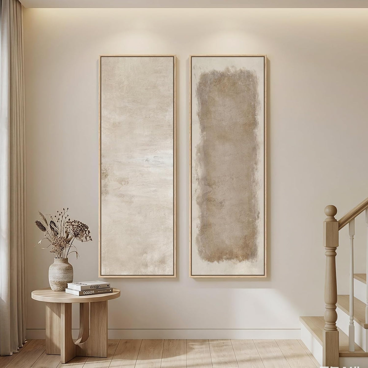 Large Framed Beige Cream Abstract Vertical Wall Art for Hallway, 2 Piece