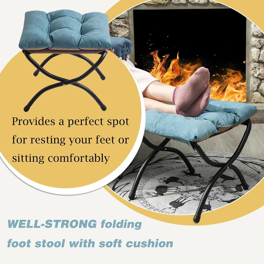 15" Upholstered Folding Foot Rest Stool with Foldable Metal Frame Blue