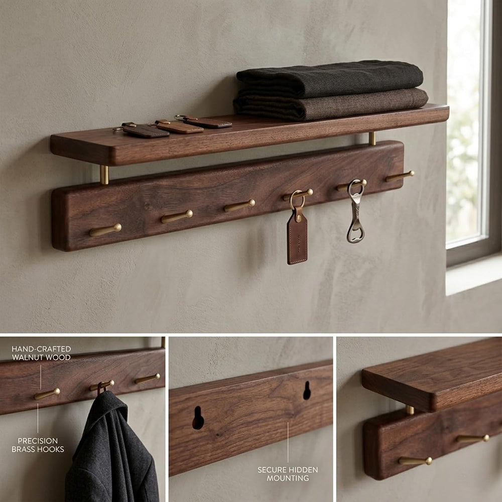 Walnut Wood Coat Rack with Shelf, Wall Mounted Rack with 5 Hooks
