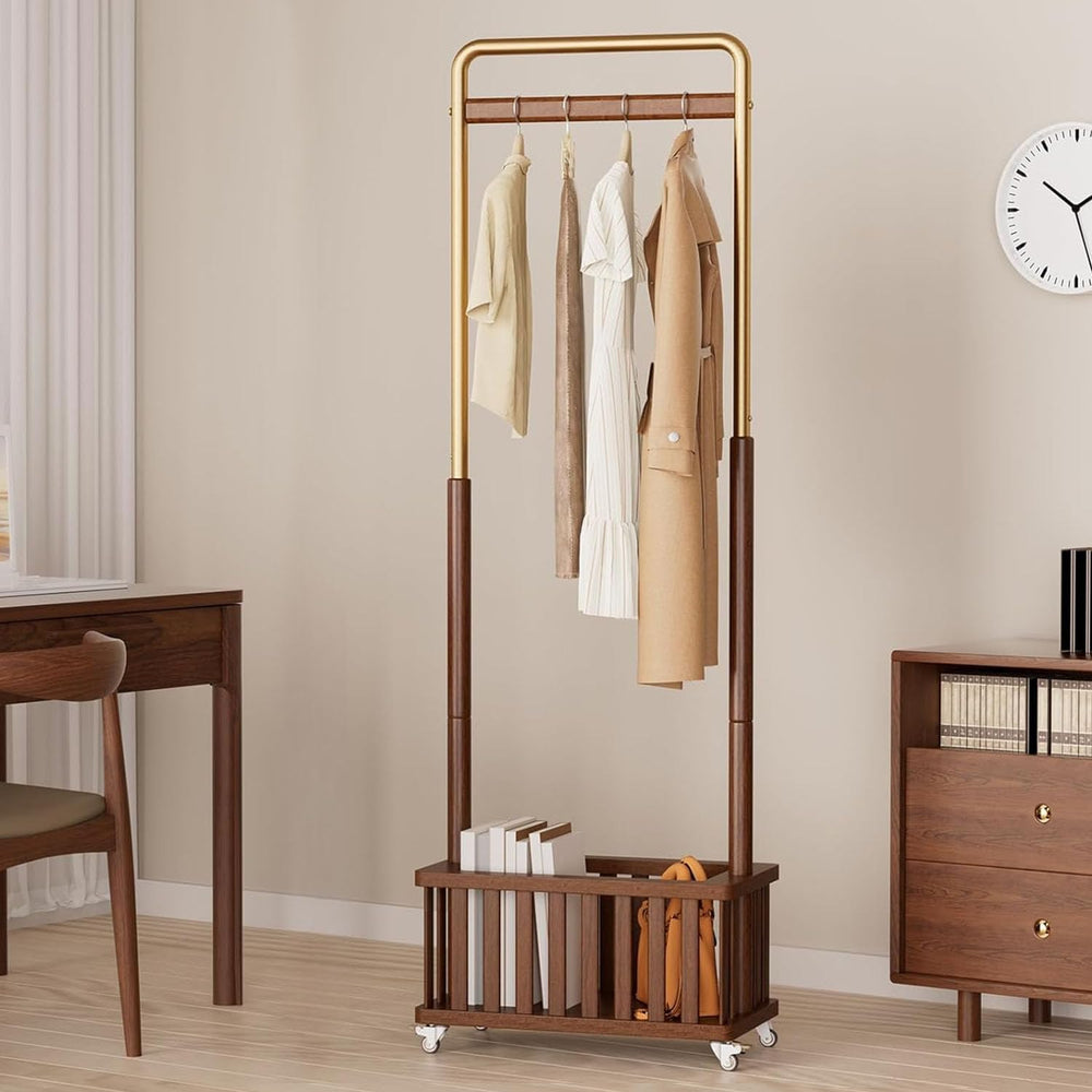 Taitiy Freestanding Solid Wood Coat Rack with Wheels for Hanging Clothes