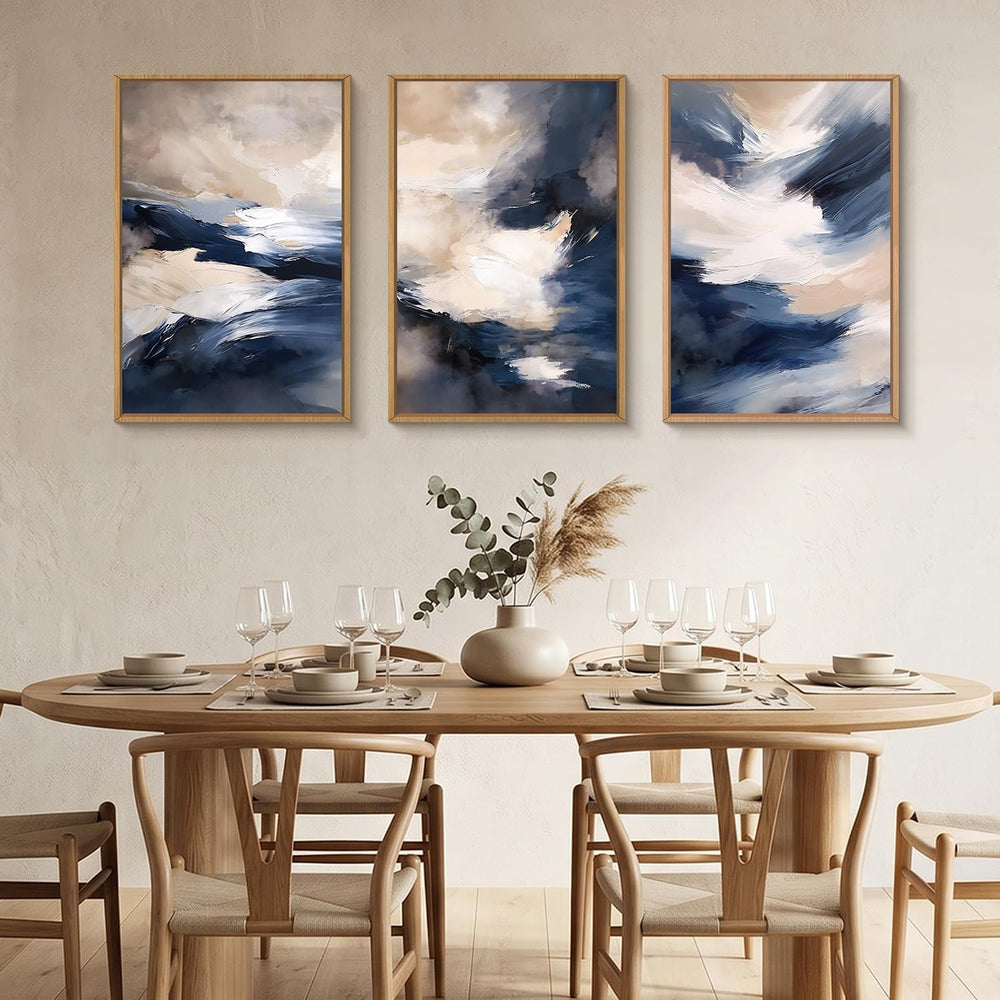 HLNIUC Blue Beige Abstract Wall Art Set of 3(16x24), Navy Brush Stroke Modern...