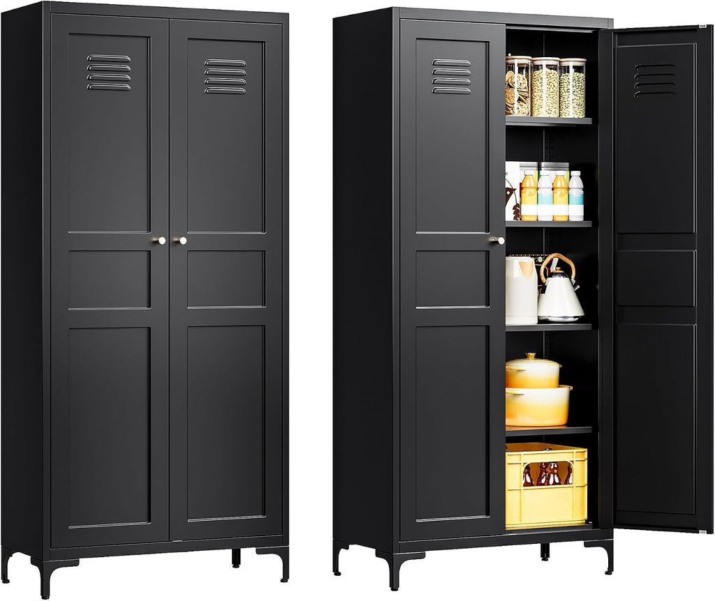 Black Kitchen Pantry Storage Cabinet,Pantry Cabinets with Doors and Adjustable Shelves,Metal Cabinet with Feets for Kitchen,Pantry,Dinning Room,Bathroom,Living Room,Cupboard(Black)